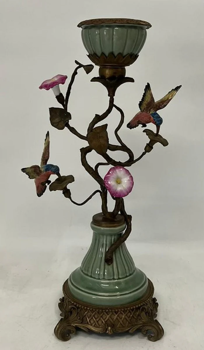 Jugendstil Kerzenhalter mit dekorativen Blumen und Vögeln Mehrfarbig / Antik Messing H. 48 cm - Deko Accessoires im Barock & Jugendstil