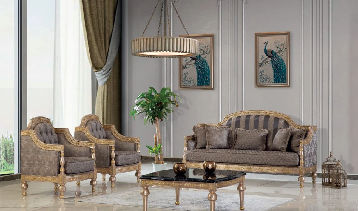 Luxus Barock Wohnzimmer Set Grau / Silber / Gold - 2 Sofas & 2 Sessel & 1 Couchtisch - Handgefertigte Wohnzimmer Möbel im Barockstil - Edel & Prunkvoll