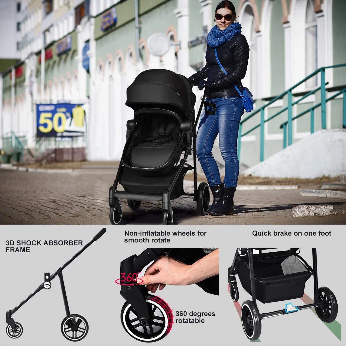Kinderwagen, Hochformat-Kinderwagen und umkehrbarer Stubenwagen, faltbarer Kinderwagen mit verstellbarem Verdeck, Getränkehalter, Aufbewahrungskorb, gefederten Rädern (schwarz)