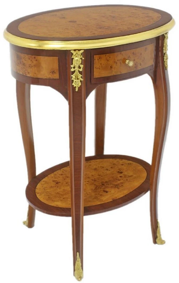 Baroque side table dark brown / light brown / gold 50 x 35 x H. 75 cm - Oval solid wood table with drawer - Baroque living room furniture