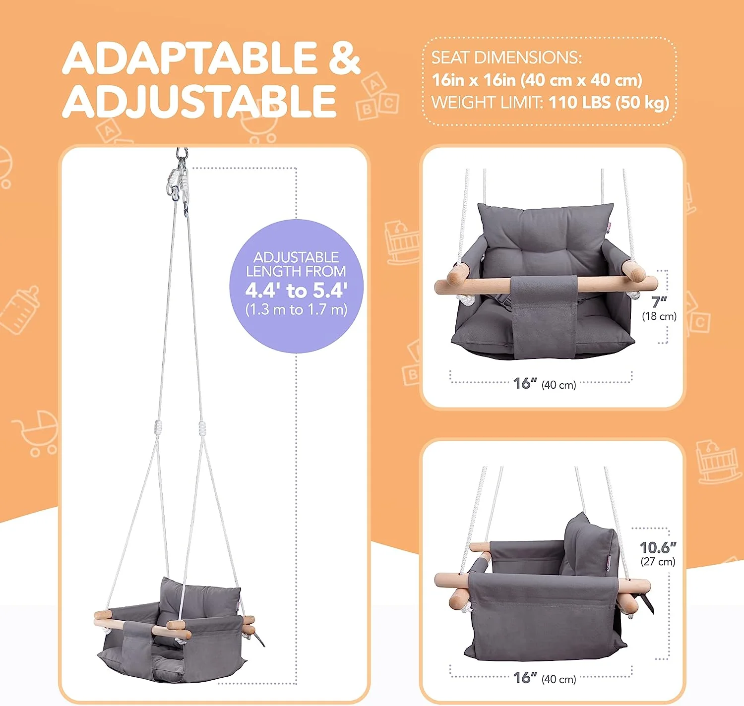 Babyschaukel aus Segeltuch, hängender Schaukelsitz aus Holz mit Sicherheitsgurt, langlebiger Baby-Hängemattenstuhl, Außen- und Innenschaukel für Kinder, Montagezubehör im Lieferumfang enthalten, Elfenbeinfarben