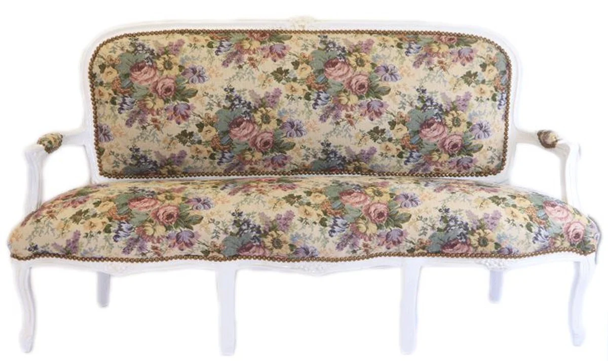 Barock Sitzbank Set Blumen Muster / Antik Stil Weiß - 1 Sofa + 2 Sessel