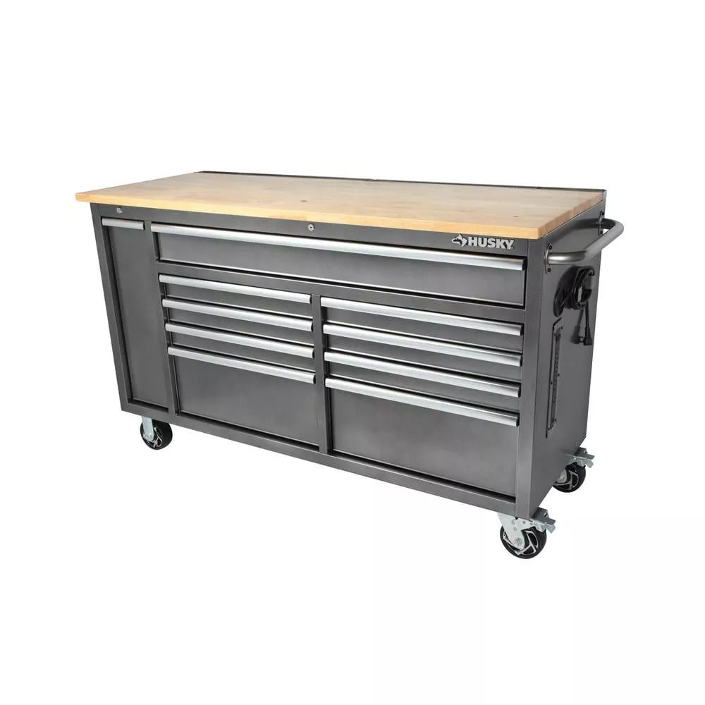 61 IN W 10-DRAWER, DEEP TOOL CHEST MOBILE WORKBENCH in METALLISCHEm SILVER mit SLID VERTICAL BIN STORAGE DRAWER