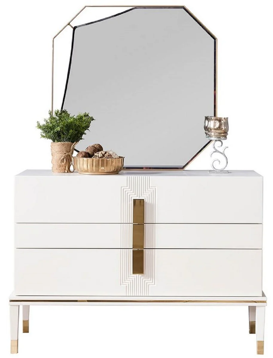 Luxury bedroom chest of drawers with wall mirror white / gold - Modern solid wood cabinet with elegant mirror - Luxury bedroom furniture