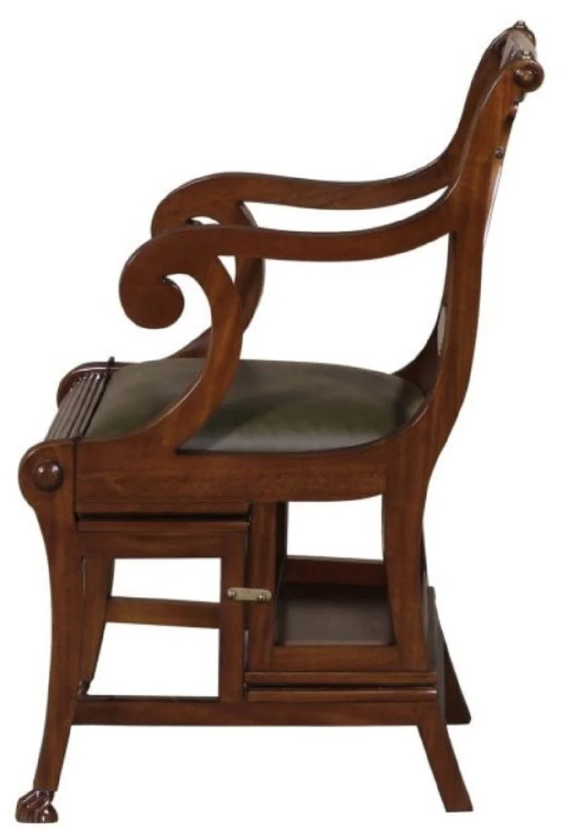 Baroque ladder chair with real leather dark brown / green 61.3 x 59.1 x H. 87.8 cm - mahogany chair with armrests - baroque furniture