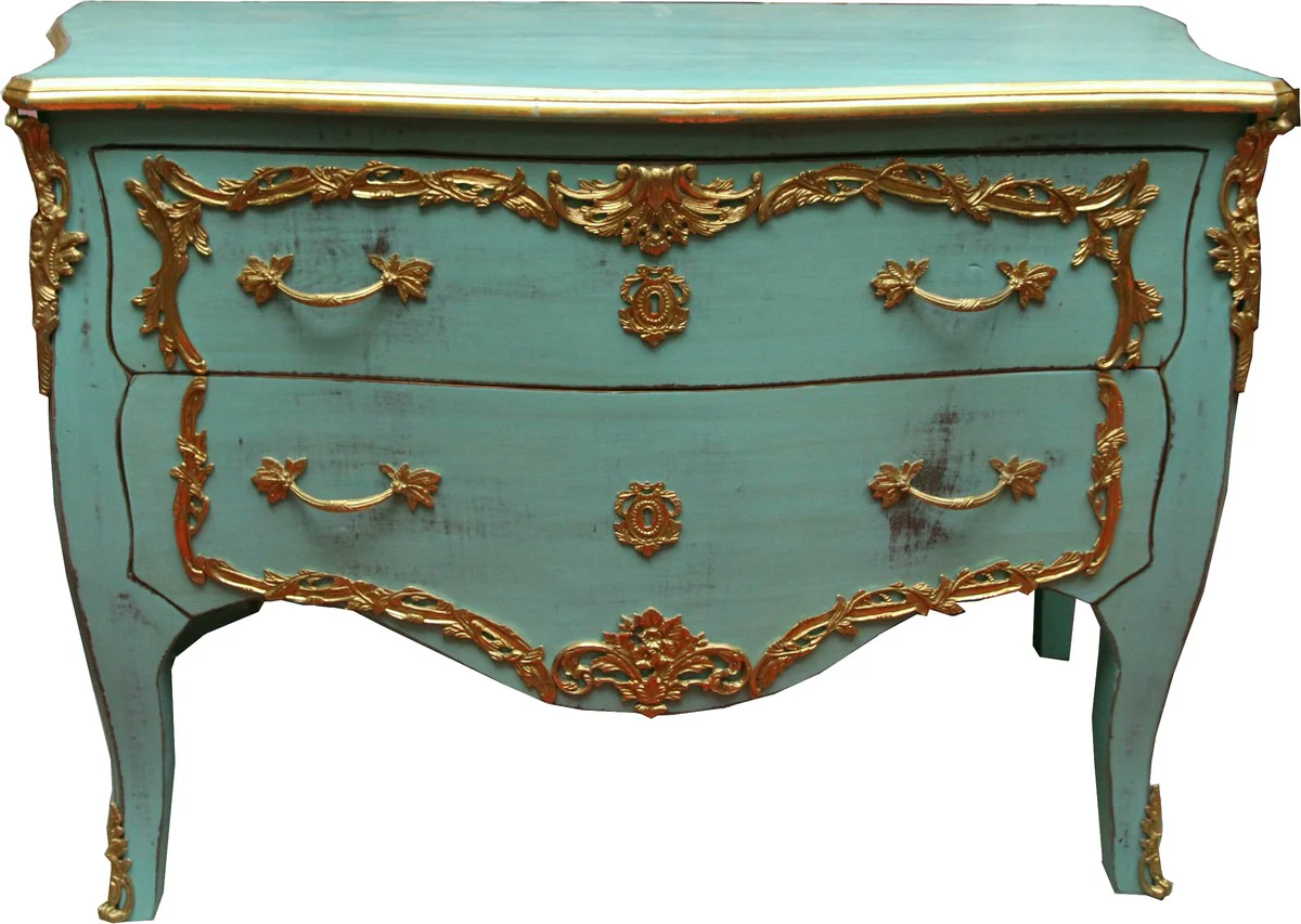 Baroque chest of drawers turquoise / gold antique style 130 cm - handmade from solid wood - limited edition