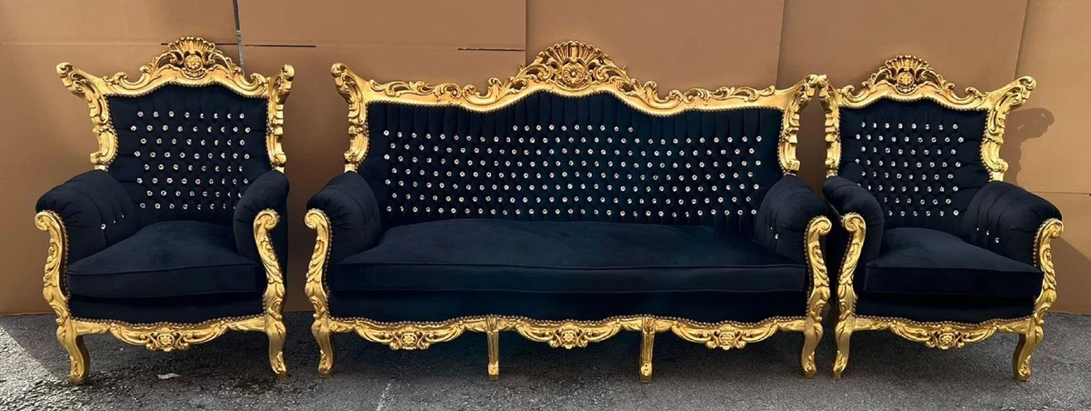 Barock Wohnzimmer Set Schwarz / Gold - 1 Barock Sofa & 2 Barock Sessel - Barock Möbel - Barock Wohnzimmer Einrichtung - Wohnzimmer Möbel im Barockstil
