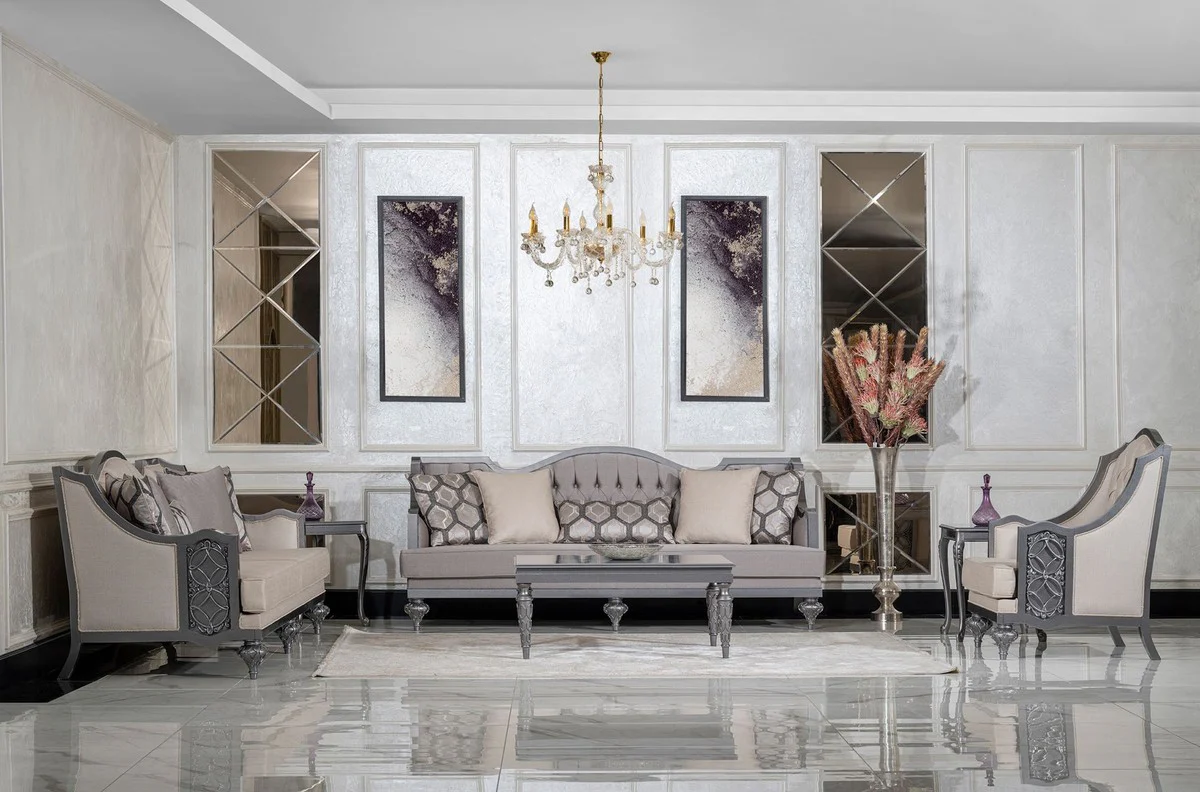 Luxury Baroque Living Room Sofa Beige / Gray - Handmade Baroque Style Sofa with Decorative Pillows - Luxury Living Room Furniture in Baroque Style - Baroque Furniture