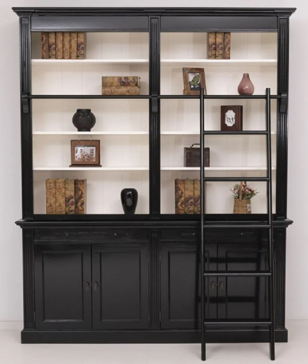 Country house style bookcase with ladder black / white 200 x 40 x H. 240 cm - solid wood cupboard - living room cupboard - shelf cupboard - office cupboard - country house style furniture