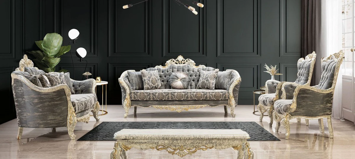 Luxus Barock Wohnzimmer Set Grau / Antik Weiß / Gold - 2 Barock Sofas & 2 Barock Sessel & 1 Barock Couchtisch - Luxus Wohnzimmer Möbel im Barockstil - Barock Möbel - Edel & Prunkvoll