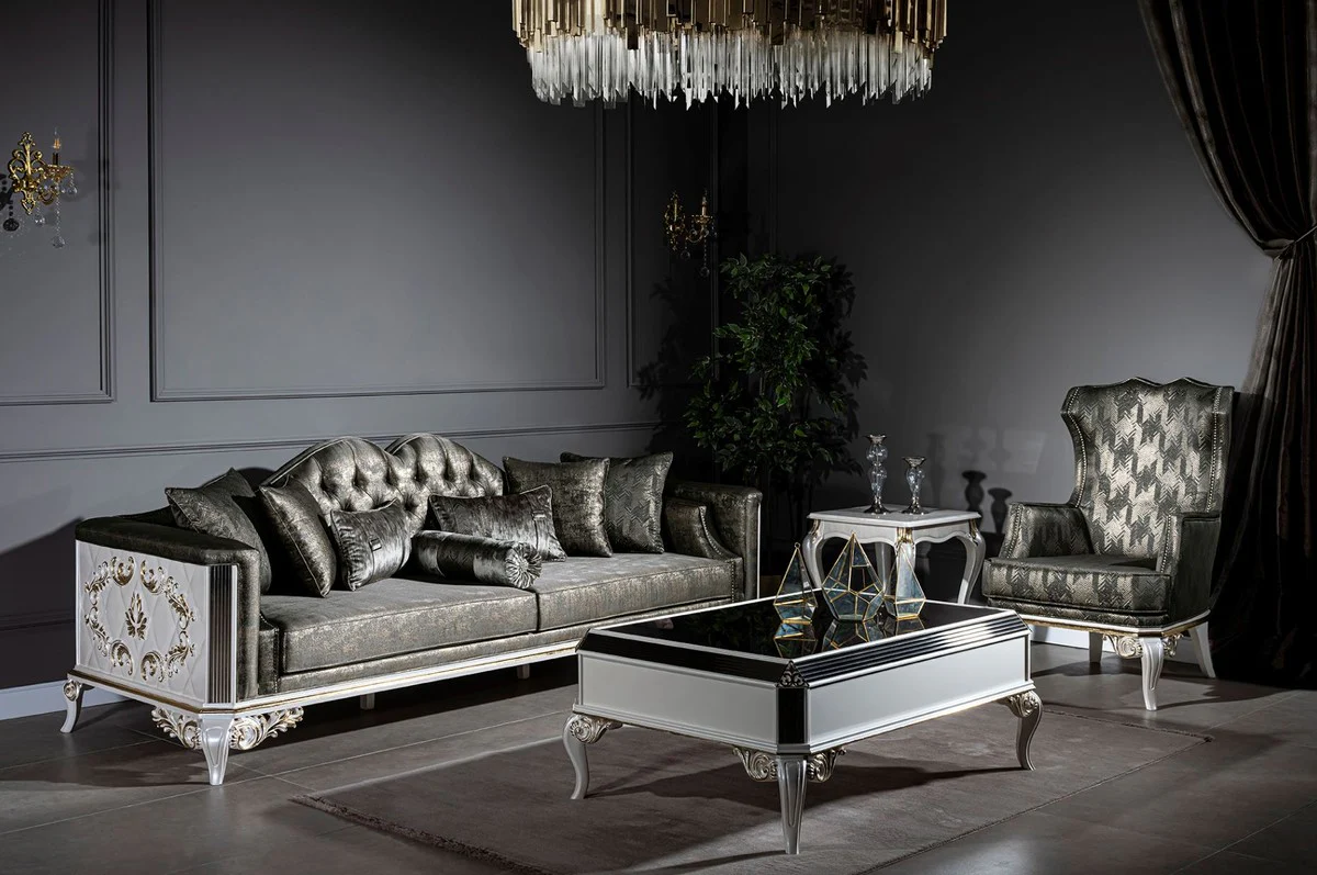 Luxury baroque sofa green / white / gold 255 x 92 x H. 91 cm - Magnificent living room sofa with decorative pillows - Noble & magnificent