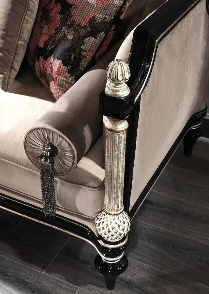 Luxury baroque velvet sofa beige / black / silver / antique gold 250 x 95 x H. 80 cm - magnificent living room sofa in baroque style