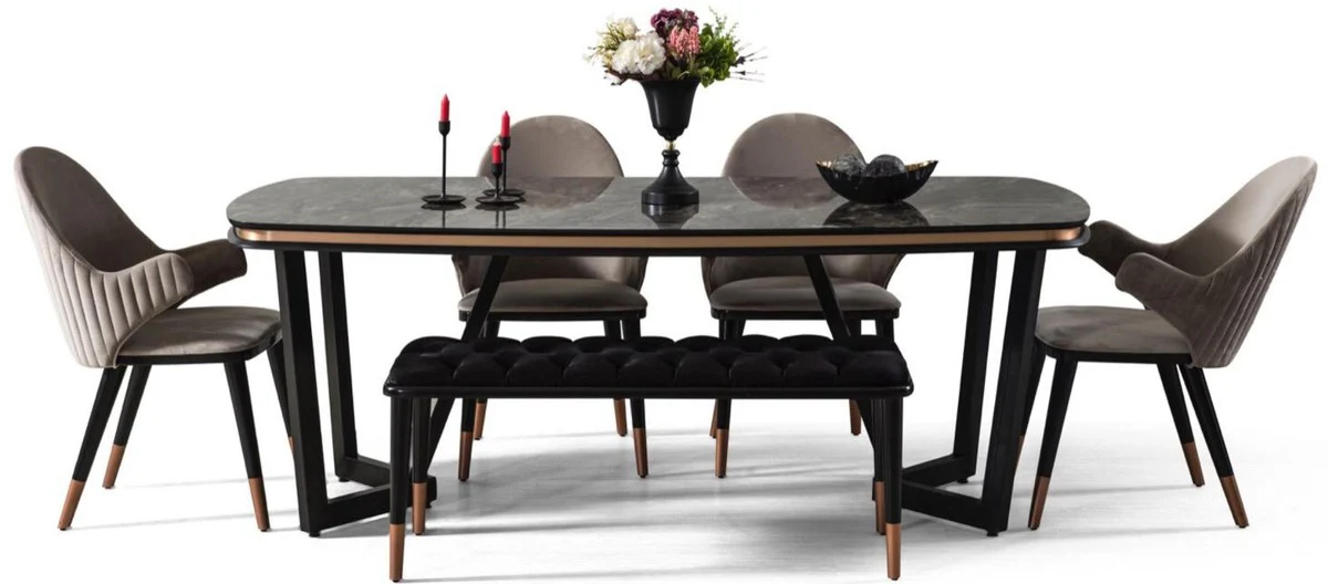 Luxury Dining Room Set Gray / Black / Copper - 1 Dining Room Table & 4 Dining Chairs & 1 Bench - Luxury Dining Room Furniture