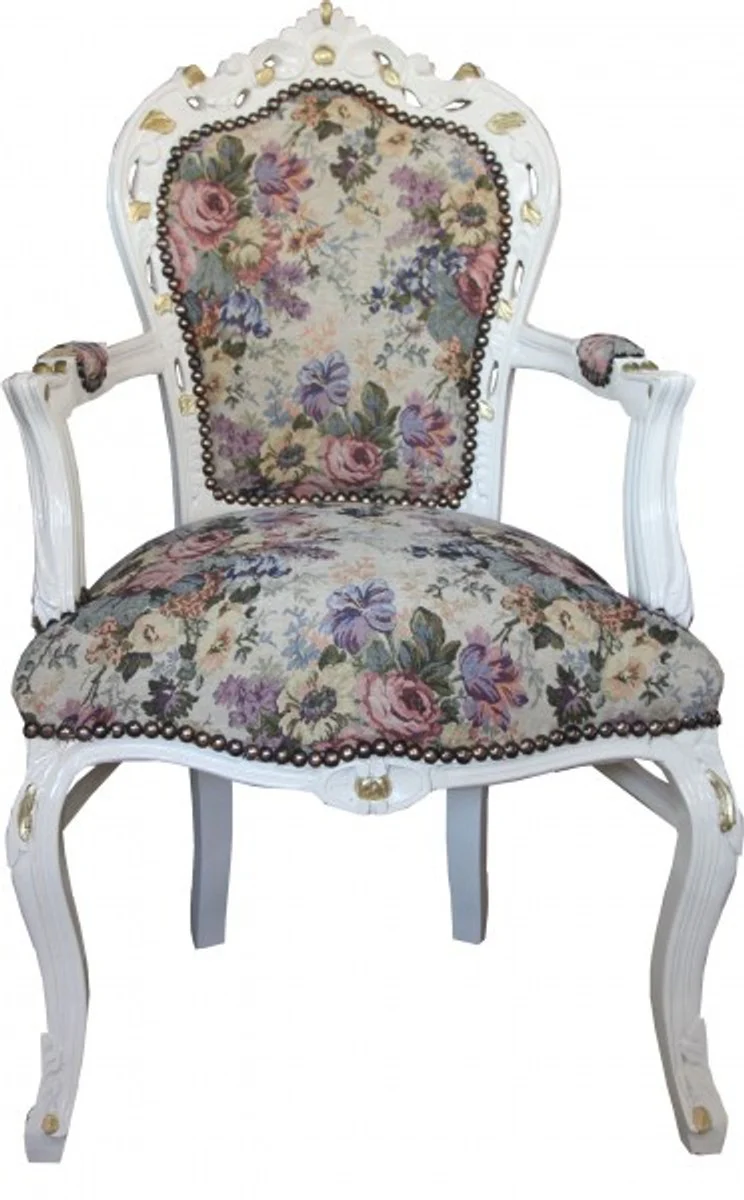 Baroque dining room chair with armrests floral pattern / cream / gold - Limited Edition