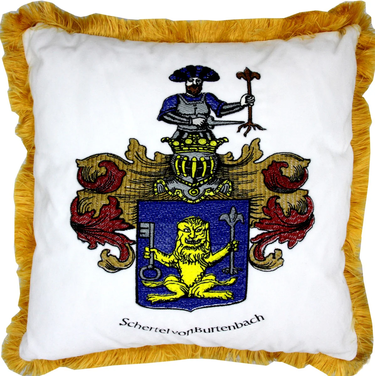 Luxus Deko Kissen Wappen Freiherr Schertel von Burtenbach Weiß / Gold