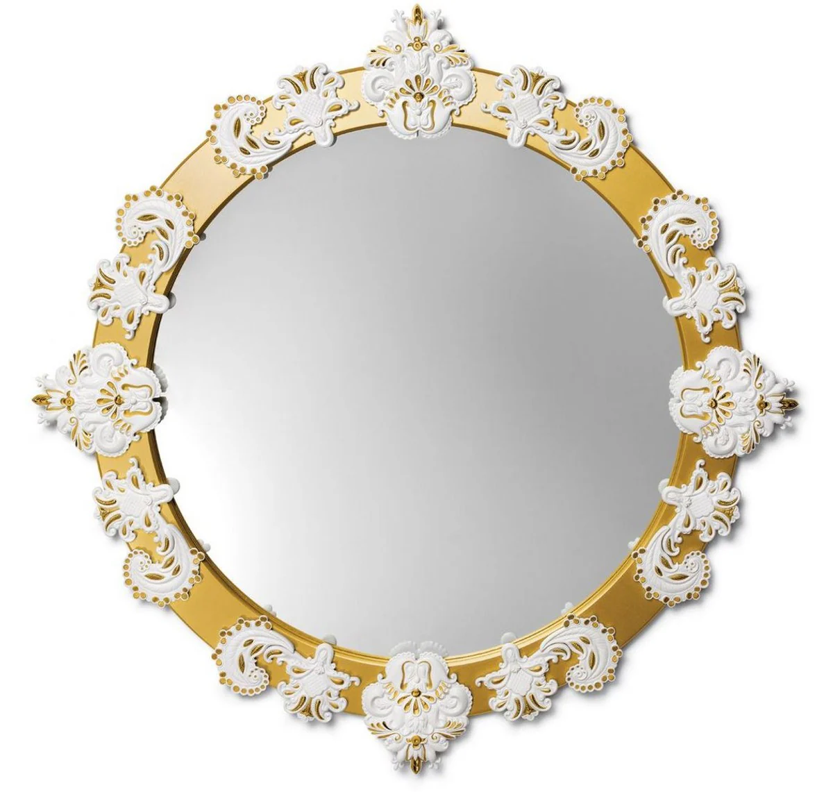 Designer wall mirror gold / white Ø 124 cm - luxury mirror with handmade porcelain decoration made from the finest Spanish porcelain