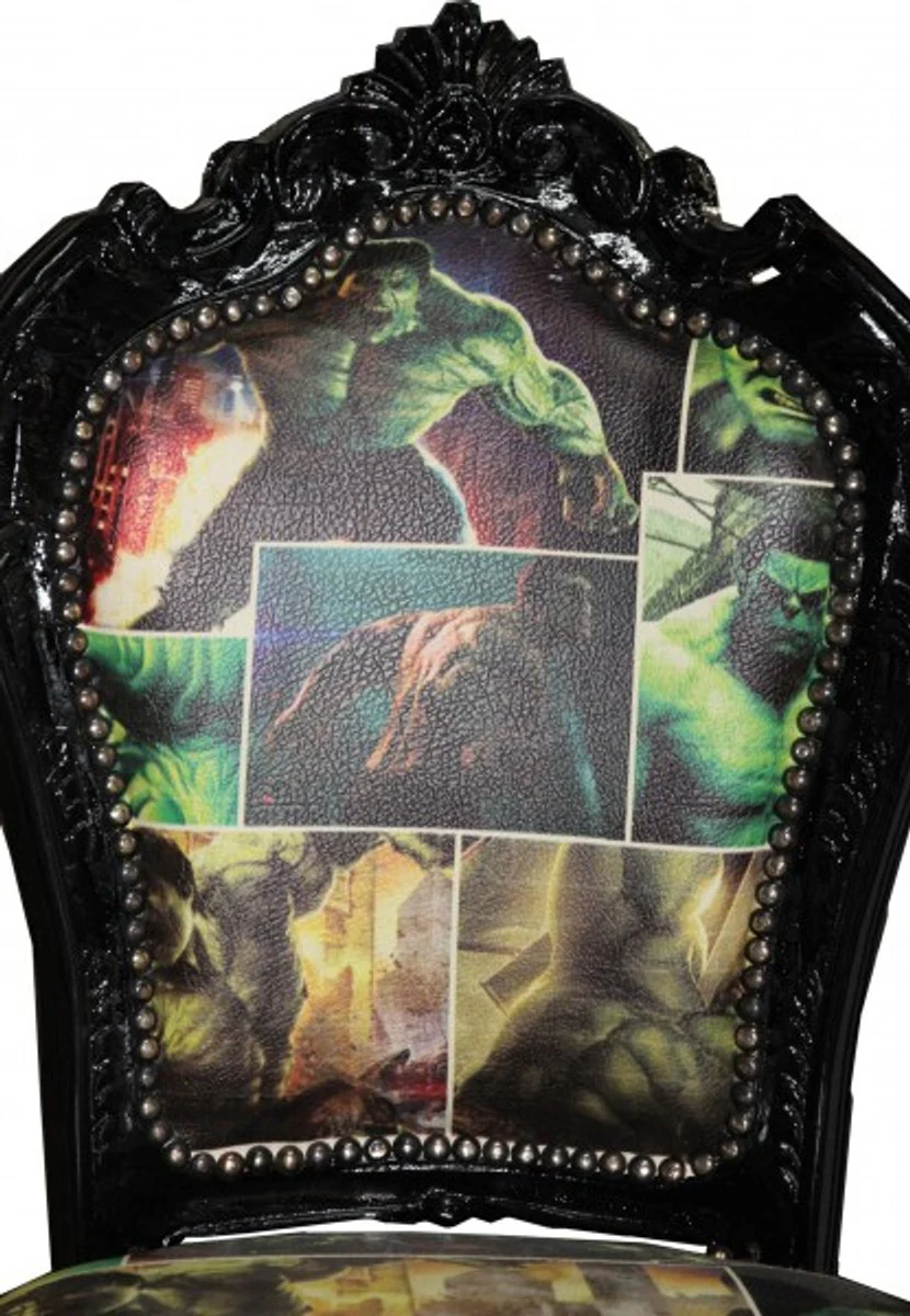 Baroque Dining Room Chair Comic Design / Black Leather Look Furniture Antique Style - Limited Edition!