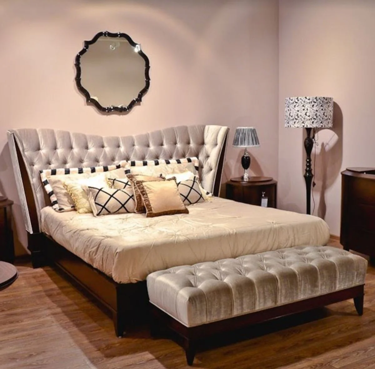 Neoclassical double bed gray / dark brown 240 x 230 x H. 134 cm - solid wood bed with headboard and elegant velor fabric - bedroom furniture in neoclassical style