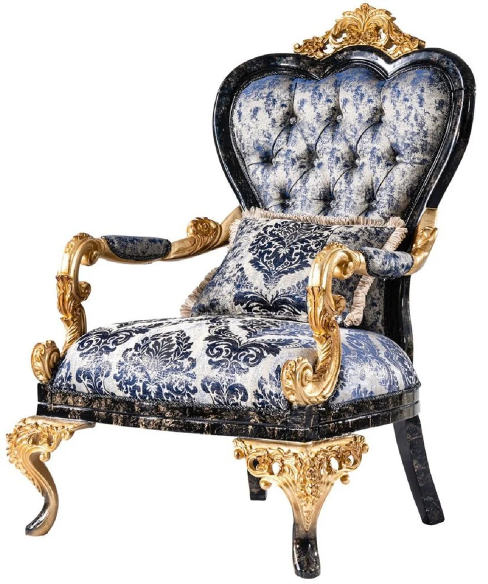Luxury Baroque Living Room Set Blue / Black / Gold - 2 Baroque Sofas & 2 Baroque Armchairs & 1 Baroque Coffee Table - Luxury Living Room Furniture in Baroque Style - Baroque Furniture - Noble & Magnificent