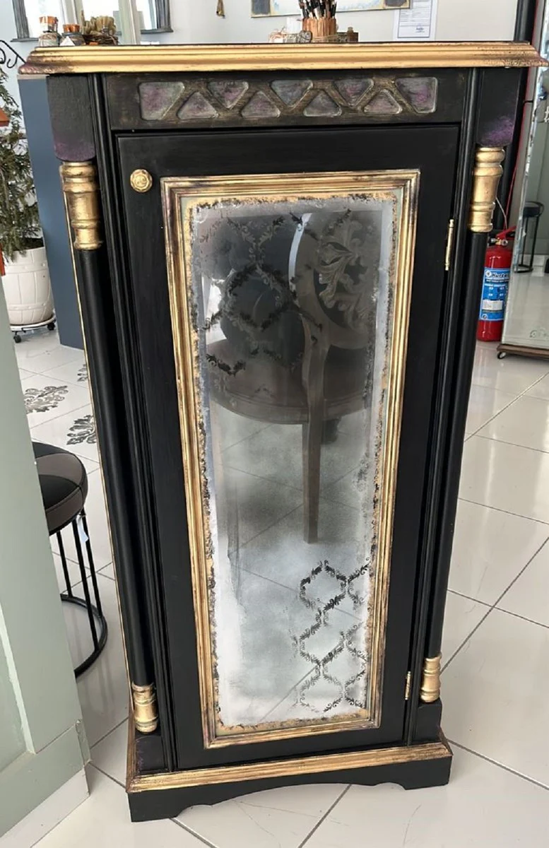 Baroque glass showcase cabinet black / antique gold 57 x 42 x H. 116 cm - antique style showcase glass mirrored