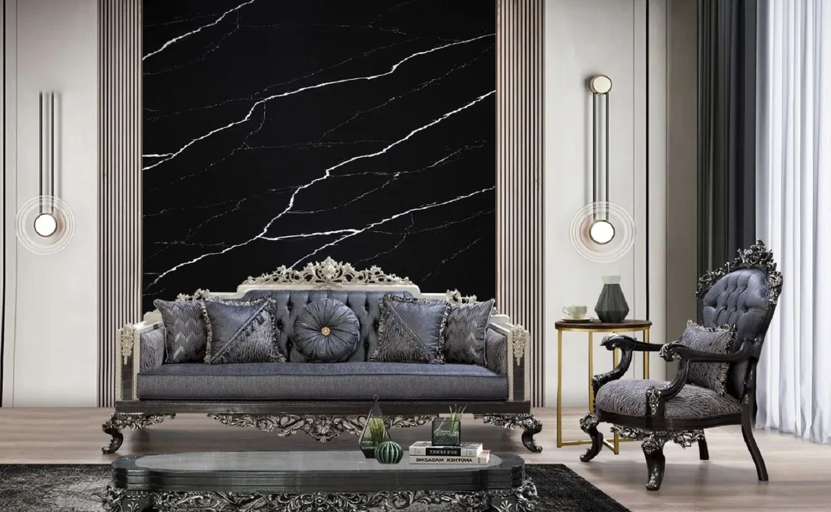 Luxury Baroque Sofa Blue / Gray / White / Black / Silver - Magnificent Living Room Sofa with Elegant Pattern - Baroque Living Room & Hotel Furniture - Noble & Magnificent