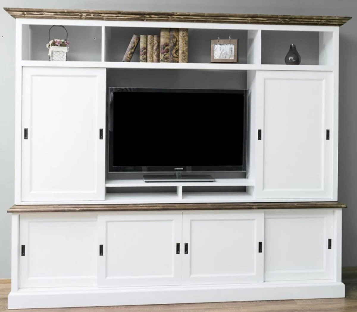 Country house style TV cabinet with 6 sliding doors white / brown 254 x 46 x H. 210 cm - solid wood TV cabinet - living room cabinet - country house style living room furniture