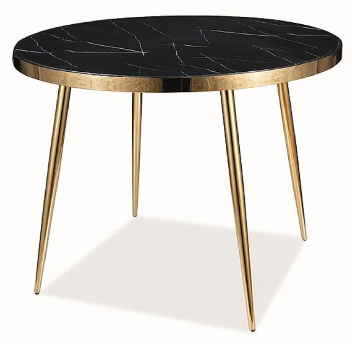 Luxury dining table black / gold Ø 100 x H. 75 cm - Round dining room table with glass top in marble look - Dining room furniture - Kitchen furniture