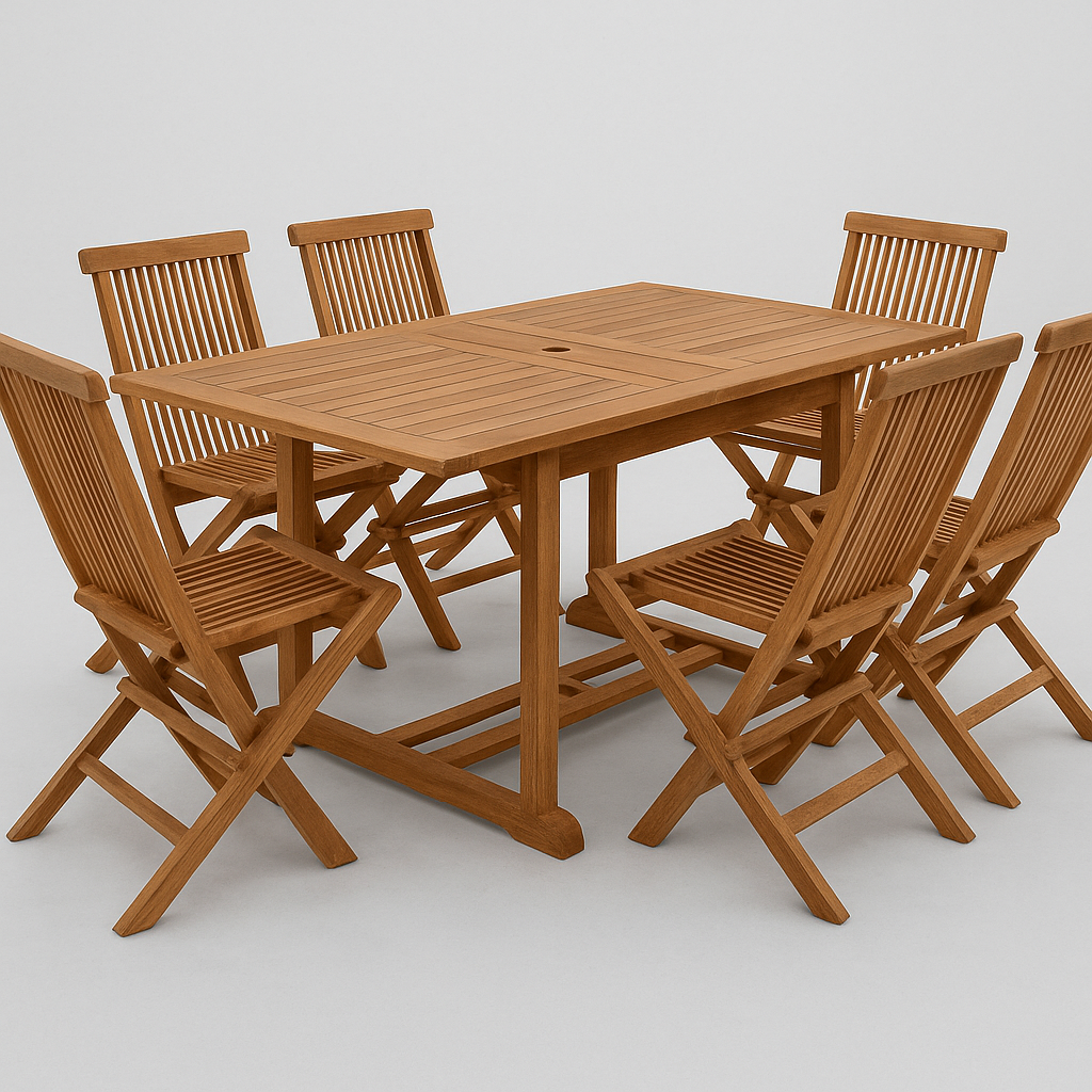 Essgruppe für den Außenbereich + Ausziehbarer Tisch und 6 Stühle + Braun + Massives Teakholz + Garten/Terrasse