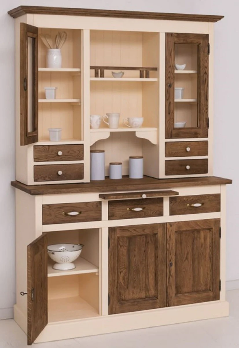 Country house style dining room cabinet cream / dark brown 137 x 50 x H. 197 cm - solid wood kitchen cabinet - dining room furniture in country house style - country house style dining room furnishings