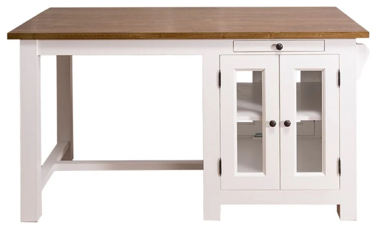 Country house style kitchen island with 4 glass doors and 2 drawers white / dark brown 150 x 85 x H. 80 cm - country house style kitchen furniture