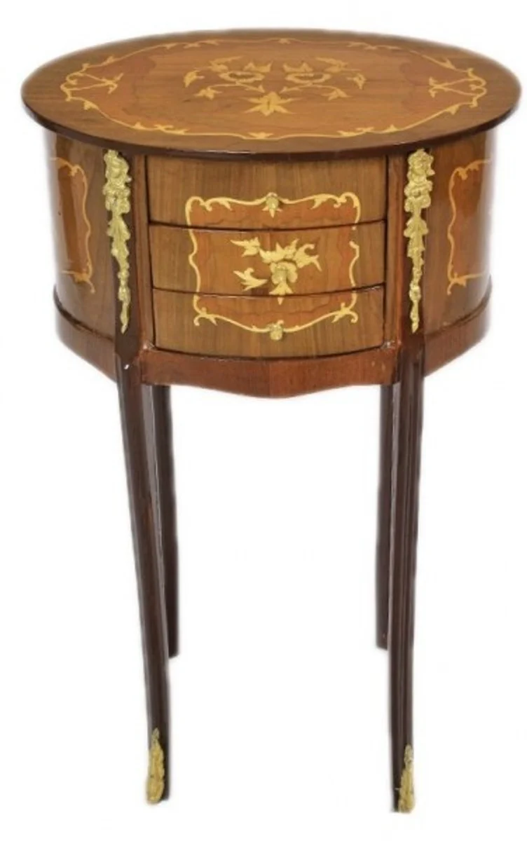 Baroque chest of drawers mahogany inlaid / gold with 3 drawers oval - bedside cabinet antique style