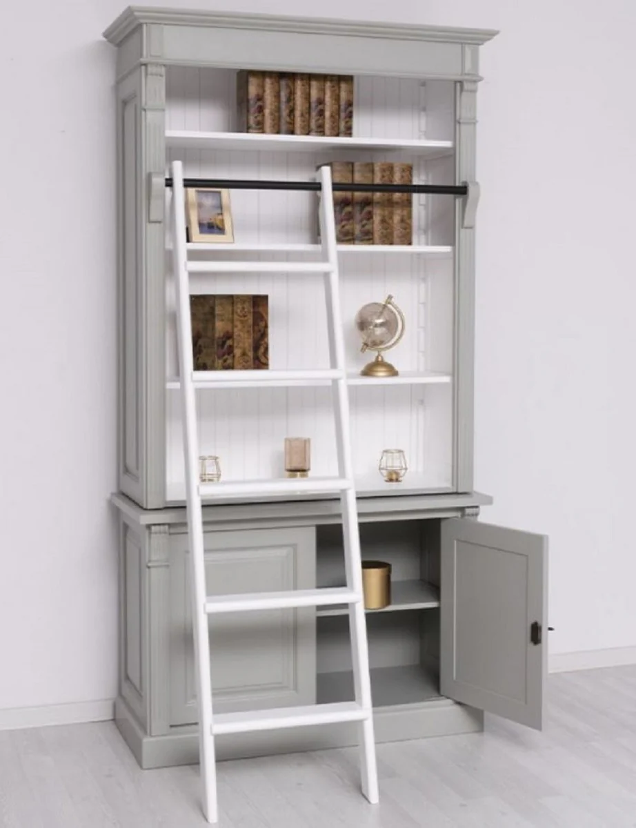 Country house style bookcase with ladder gray / white 120 x 51 x H. 228 cm - solid wood cabinet - shelf cabinet - living room cabinet - office cabinet - country house style furniture