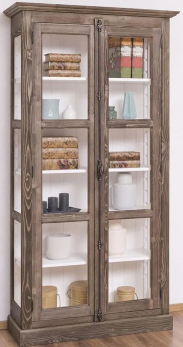 Country house style display cabinet brown / white 109 x 40 x H. 210 cm - solid wood cabinet with 2 glass doors - display cabinet - country house style furniture