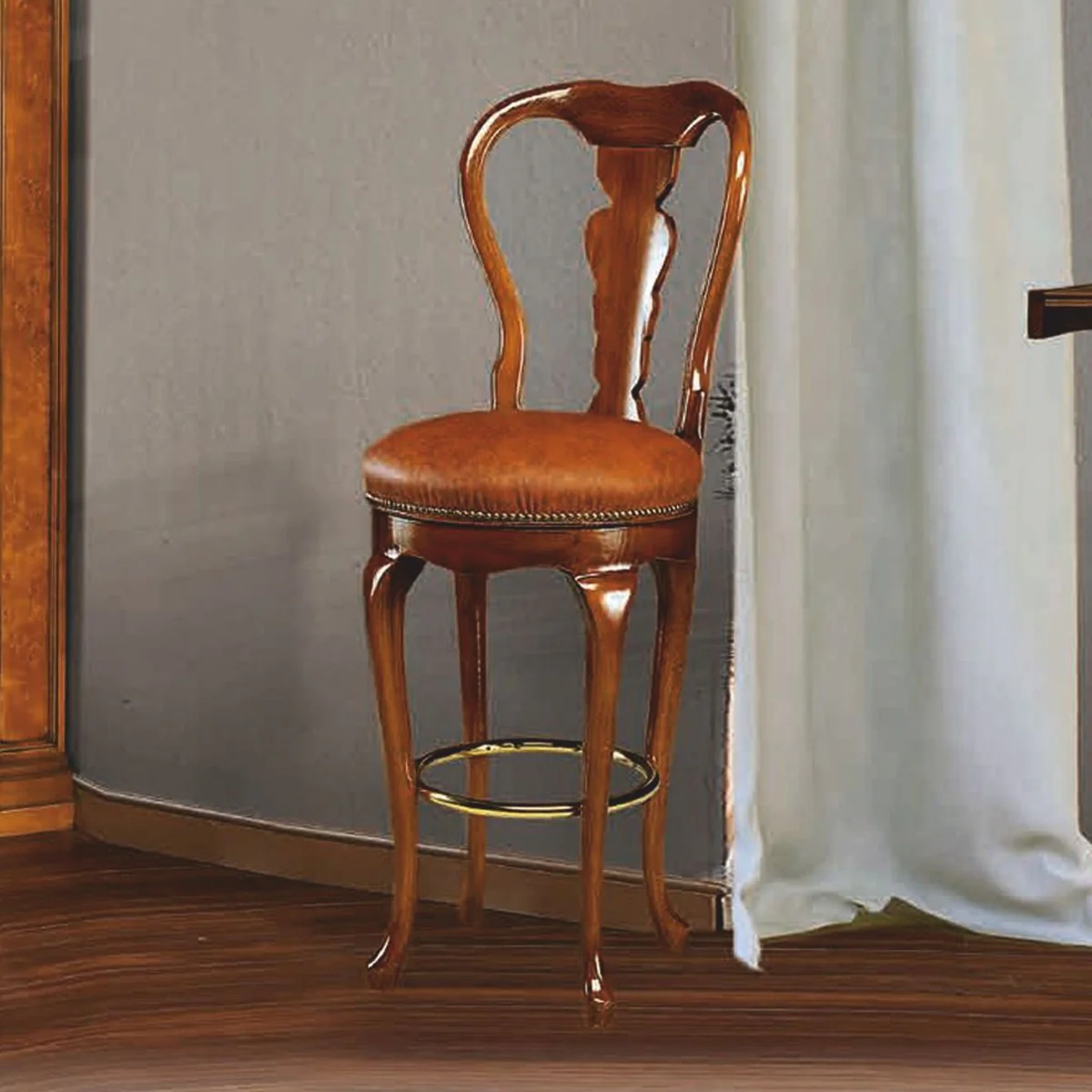 Luxury Baroque Leather Bar Chair Brown / Gold H. 120 cm - Bar Furniture - Made in Italy