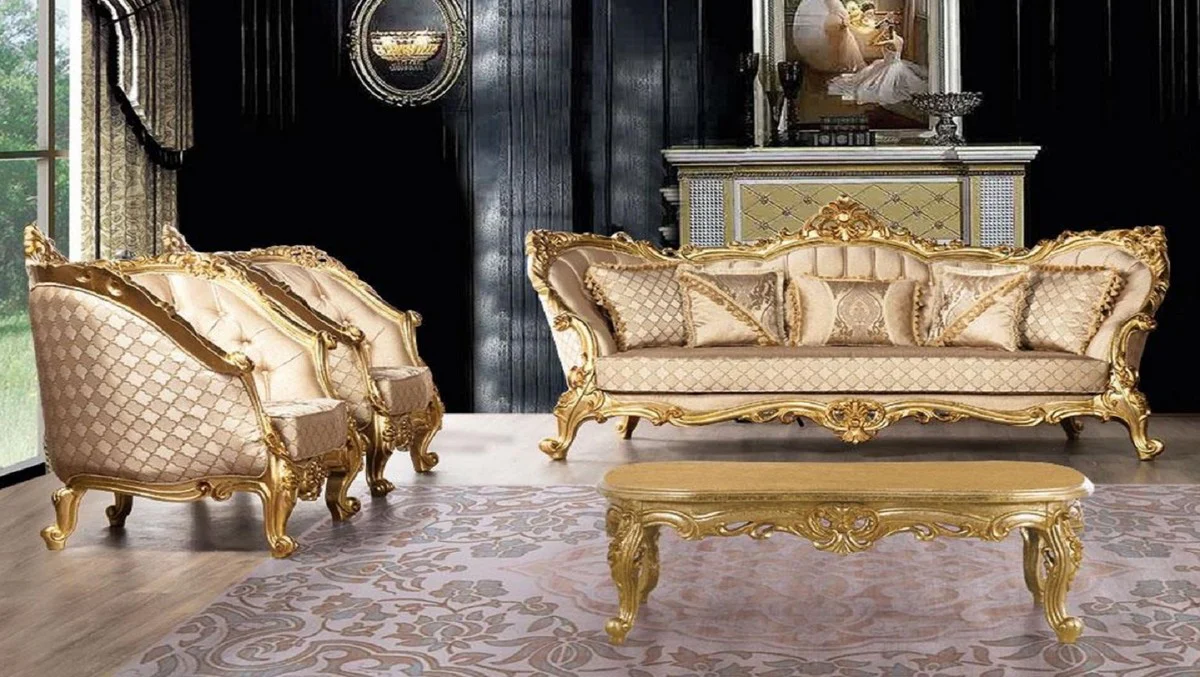 Luxus Barock Wohnzimmer Set Gold - 2 Barock Sofas mit Muster & 2 Barock Sessel mit Muster & 1 Barock Couchtisch - Prunkvolle Barock Wohnzimmer Möbel