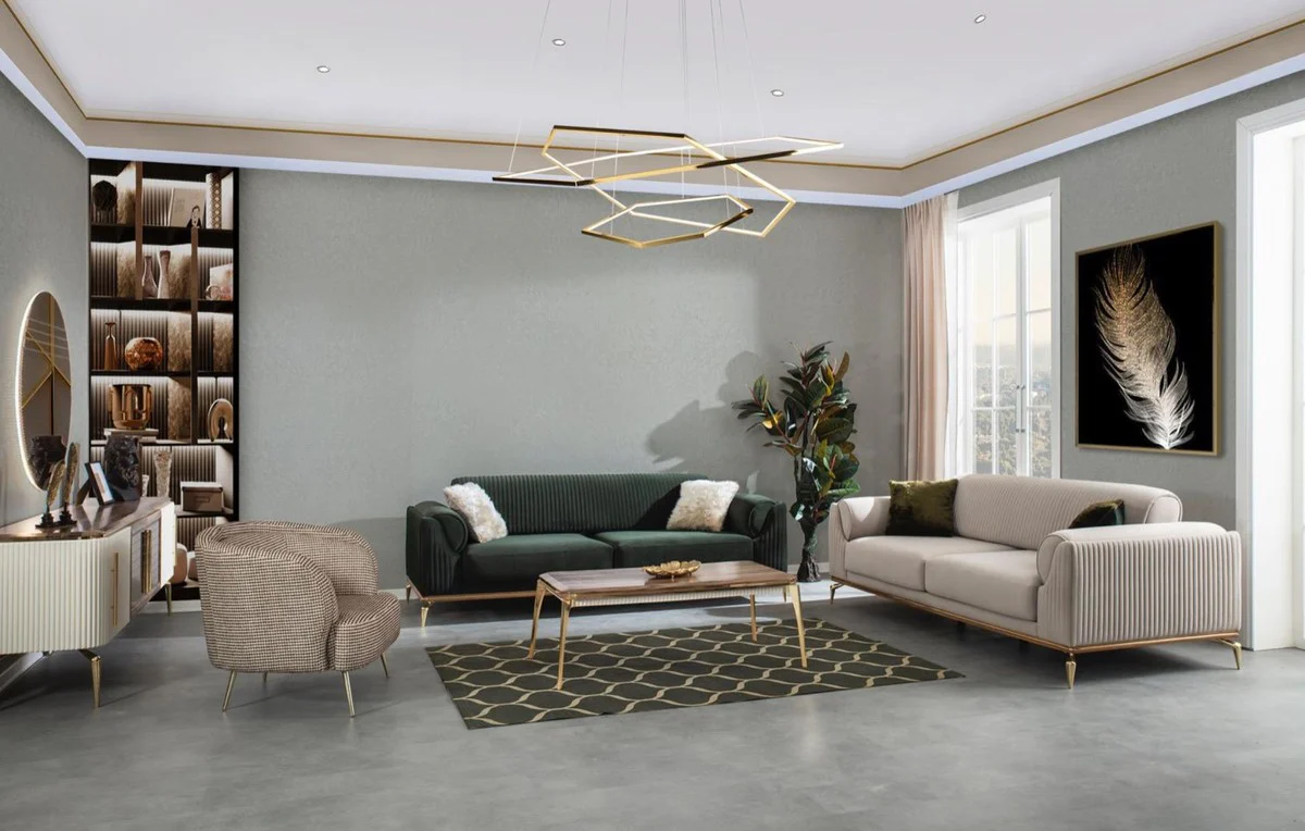 Luxury Art Deco sofa light gray / brown / gold 230 x 100 x H. 92 cm - Noble living room sofa with decorative pillows - Luxury Art Deco furniture