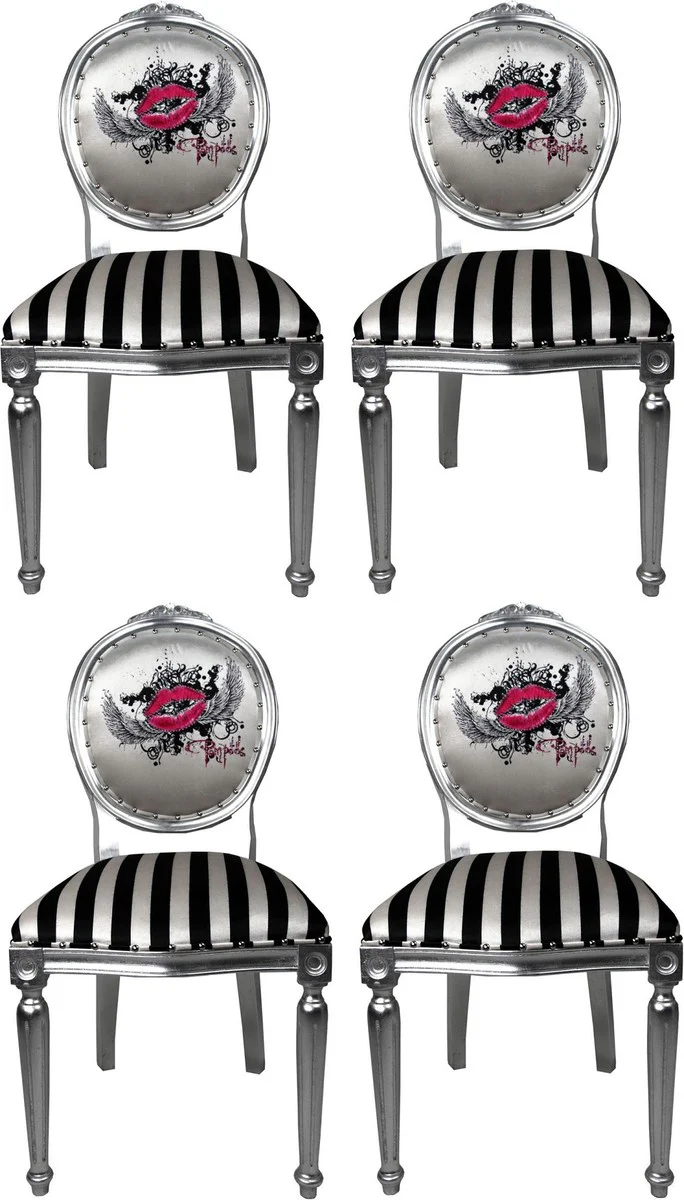 Pompöös by Luxury Baroque Dining Room Chairs Pink Lips Black / White Stripes / Silver - Pompöös Baroque Chairs designed by Harald Glööckler - 4 dining room chairs