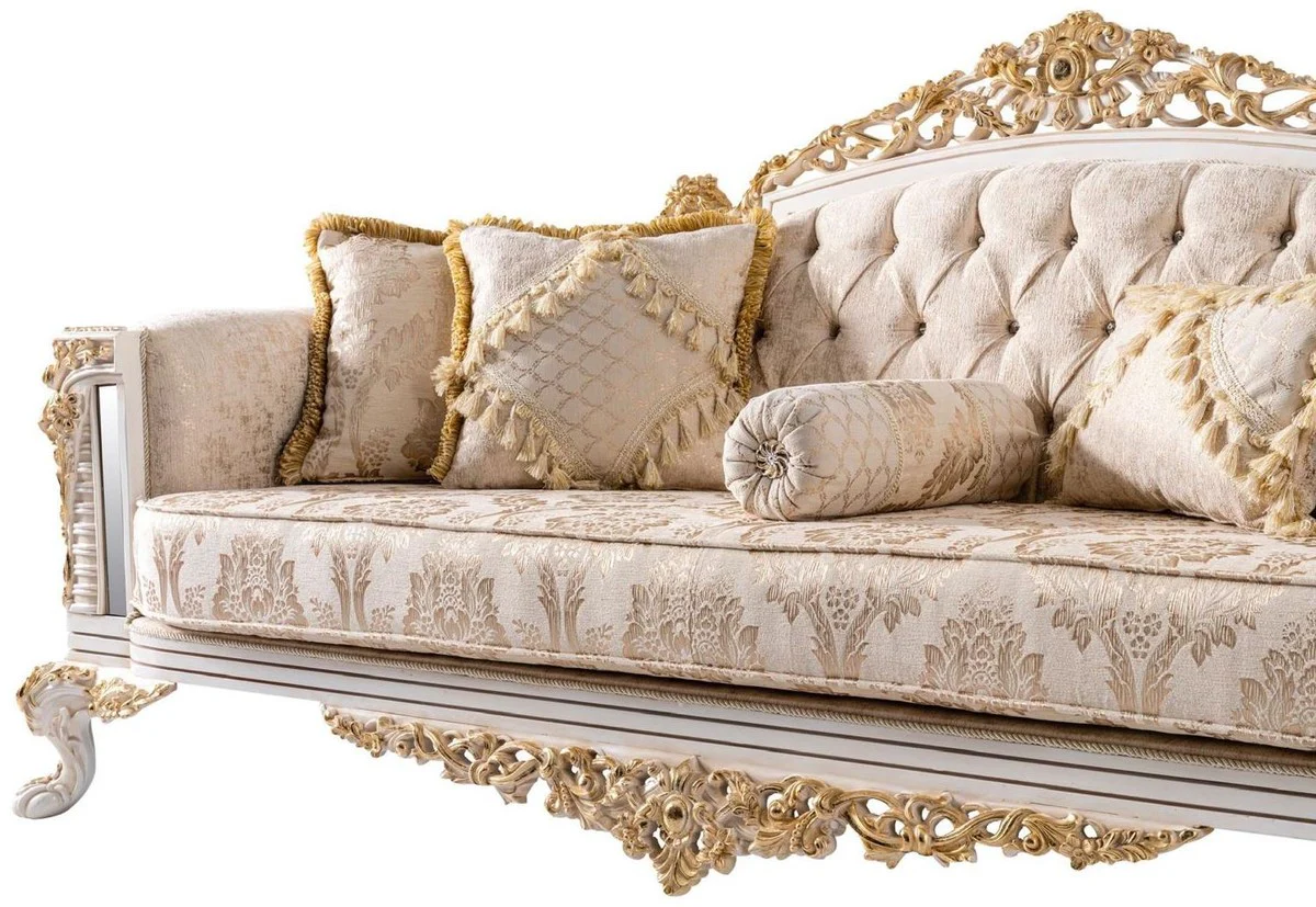 Luxury Baroque Sofa Beige / White / Gold - Magnificent Living Room Sofa with Glitter Stones - Baroque Style Living Room Furniture - Luxury Furniture in Baroque Style - Baroque Furnishings - Noble & Magnificent