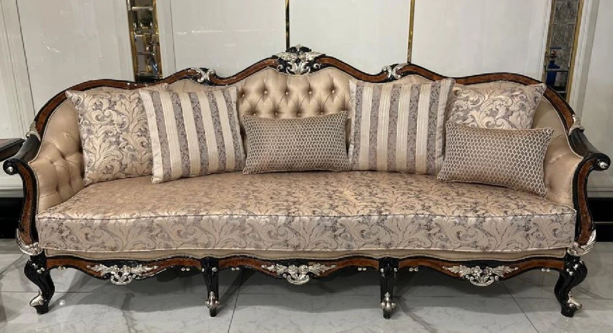 Luxury Baroque Living Room Sofa Gold / Brown / Black / Silver - Magnificent Baroque Style Sofa with Decorative Pillows - Luxury Living Room Furniture in Baroque Style - Baroque Furniture