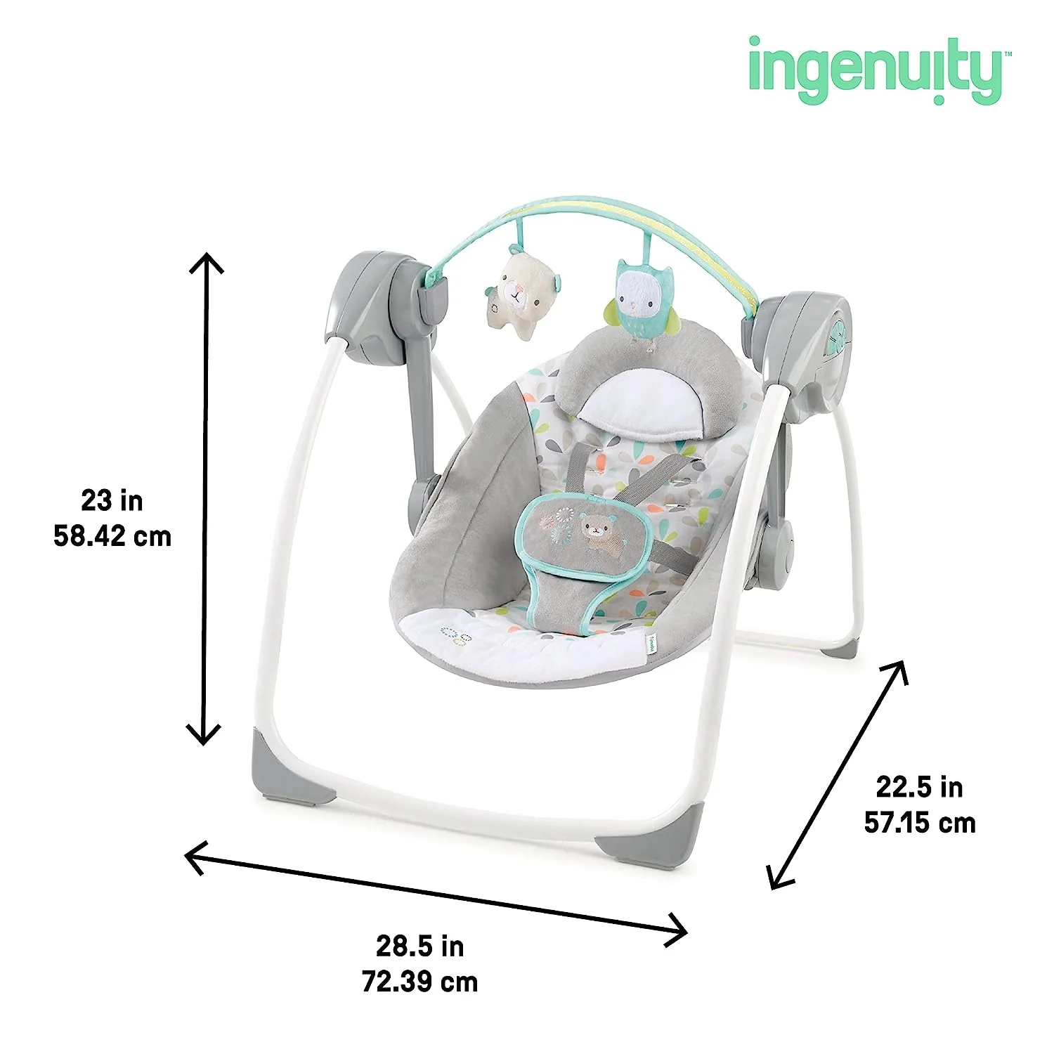 Ingenuity Soothe 'n Delight, kompakte, tragbare 6-Gang-Plüsch-Babyschaukel mit Musik, einfach zusammenklappbar, 0–9 Monate, 28–9 kg (Cozy Kingdom)