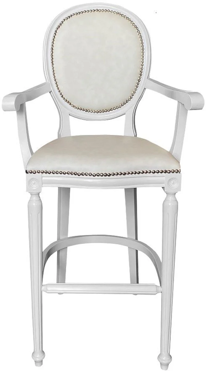 Baroque bar chair with armrests white / white - solid wood antique style bar stool with faux leather - handmade baroque bar furniture