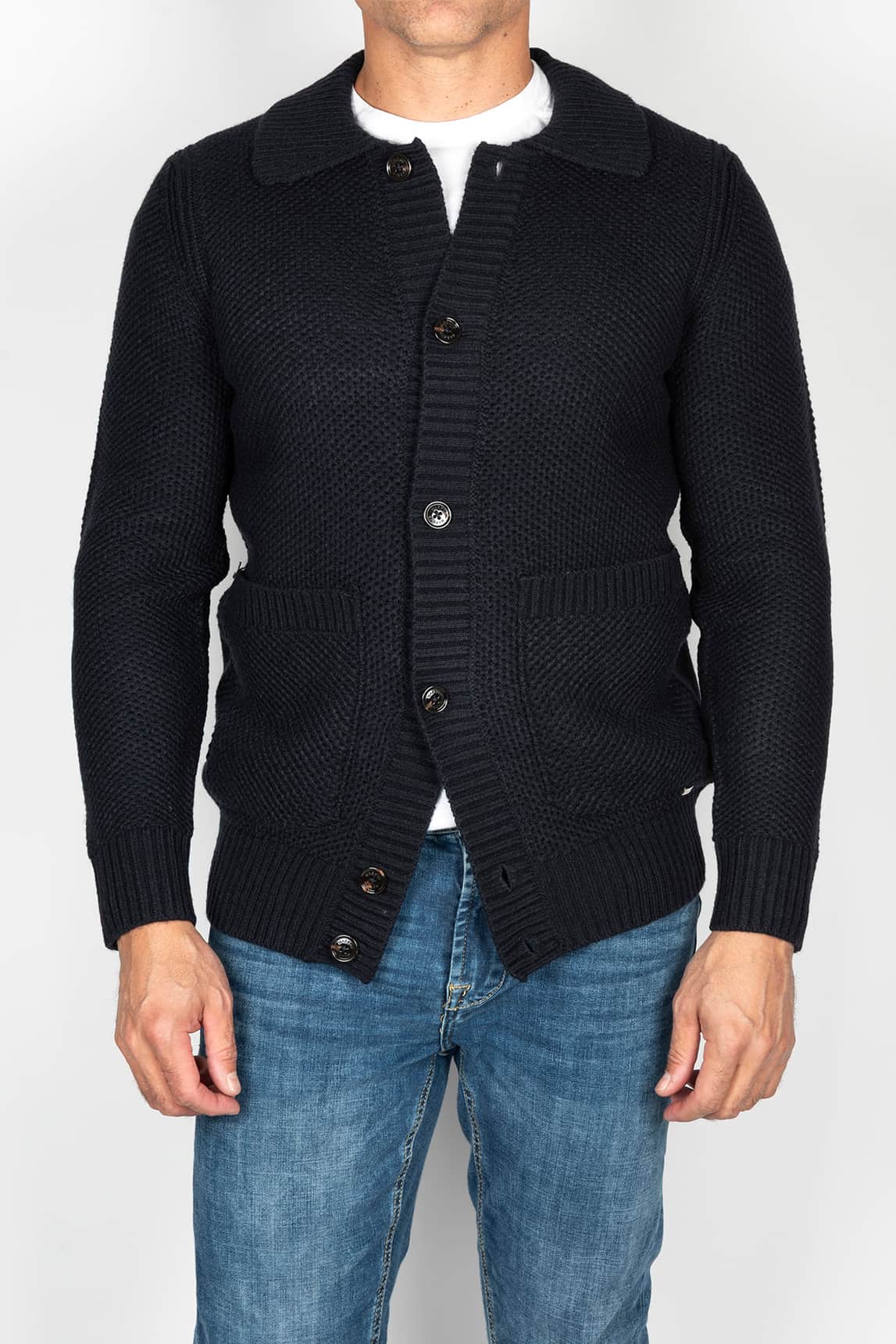 Marineblaue gestrickte Markup-Jacke von Rivera-Spain