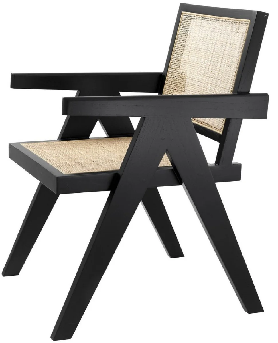 Luxury dining room chair black / natural colors 57 x 65.5 x H. 90 cm - solid wood chair with armrests and hand-woven rattan weave - luxury dining room furniture