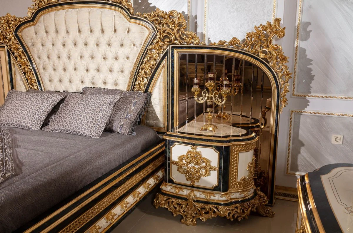 Luxury baroque bedroom set gold / white / blue / gold - 1 double bed with headboard & 2 bedside chests - bedroom furniture in baroque style - noble and magnificent