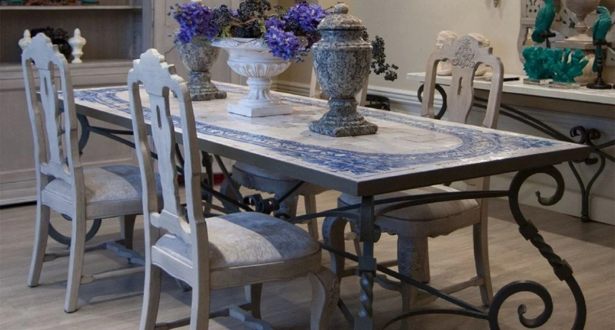 Luxury Baroque Dining Table - Handcrafted Wrought Iron Kitchen Table with Natural Stone Mosaic Tiles Table Top - Garden Table - Patio Table - Garden Patio Dining Room Furniture