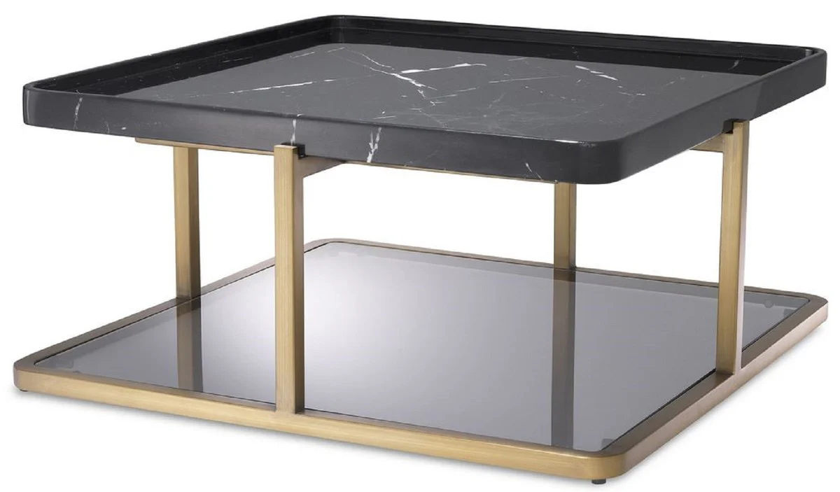 Luxury coffee table brass / black / gray 58 x 58 x H. 27.5 cm - Modern stainless steel living room table with marble top and tinted glass top - Luxury furniture