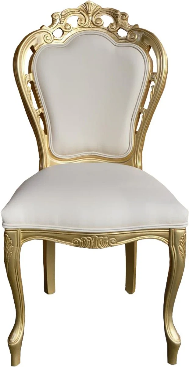 Luxury Baroque Dining Room Chair Cream Leather Look / Gold - Designer Chair - Luxury Quality