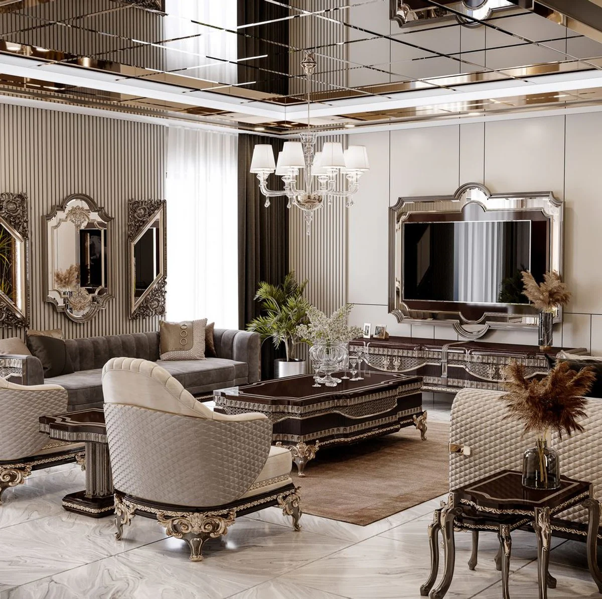 Luxury baroque coffee table dark brown / gray / gold 156 cm