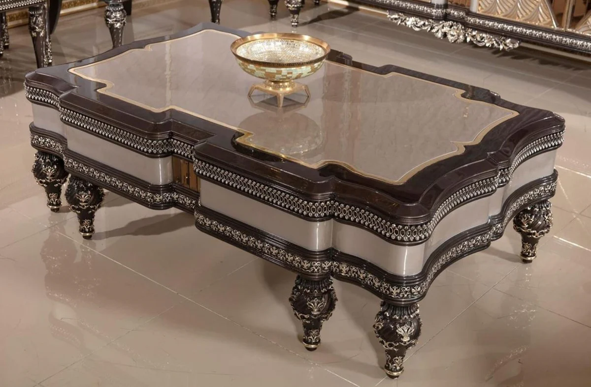 Luxury baroque coffee table gray / dark brown / gold - magnificent solid wood living room table in baroque style - baroque living room furniture - noble & magnificent