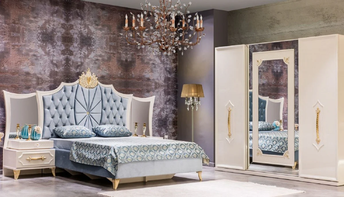 Luxury Baroque bedroom set blue / white / gold - 1 double bed with headboard & 2 bedside tables with mirror - Baroque bedroom furniture - noble & magnificent
